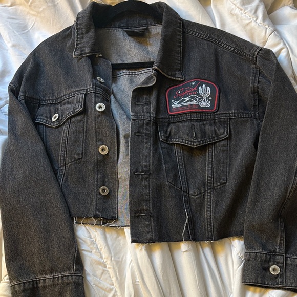 Signature Jackets & Blazers - BAILEY SARIAN MERCH. Black Jean Jacket with Suspish Inn patch on front and back